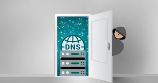 DNS resolver nyitott ajtóban, az ajtó mögött egy hacker