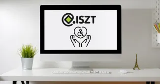 Monitor rajta ISZT logo alatt egy szív ikon benne egy mozgássérült embert szimbolizáló ikonnal
