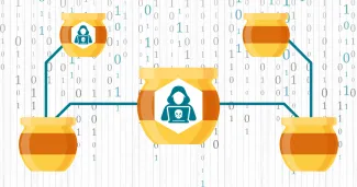 A Probe rendszert szimbolizáló mézesbödönök hálózatba kapcsolva, kettőn hacker ikon