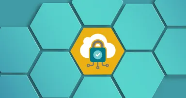 Hatszöh alakú csempék középen felhő és kiberbiztonságot szimbolizáló lakat ikon