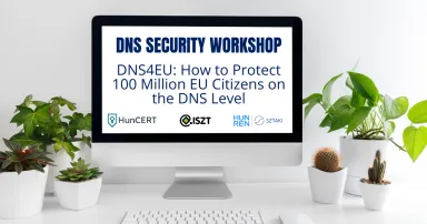 Monitor with the HunCERT, ISZT and HUN-REN SZTAKI logos, DNS security workshop inscription and the title: DNS4EU: How to Protect 100 Million EU Citizens on the DNS Level.