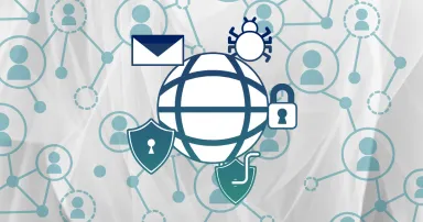 A kép középpontjában egy földgömb szimbólum látható, amely körül különféle biztonsági ikonok helyezkednek el, beleértve egy lakatot, egy pajzsot, egy adathalász horgot, egy pajzsot kulcslyukkal, egy bogarat, és egy e-mail ikont. A háttérben egy hálózatszerű ábra található, amely embereket összekötő vonalakat ábrázol.