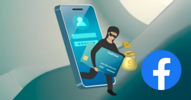A képen egy adathalász bűnöző látható, aki egy telefonból lép ki, és bankkártyát tart a kezében, mellette egy Facebook logó.