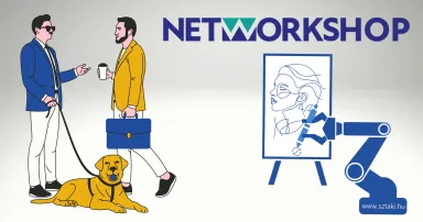 Networkshop logó, rajz vakvezető kutyás férfiról és üzletemberről, grafika a portrérajzoló robotról.