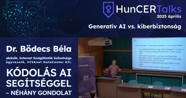HunCERTalks logó alatta az előadás címe és az előadó neve, mellette egy pillanatkép az előadásból.