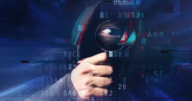 Spyware and ransomware concept with digital glitch effect, spooky hooded hacker with magnifying glass stealing online identity nad hacking personal web accounts.