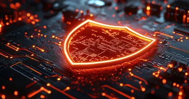 A glowing cybersecurity shield on a complex digital network, rep