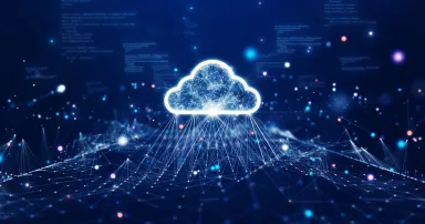Cloud and edge computing technology data transfer concept. A large cloud icon is in the center. abstract code Interconnected polygons and multicolored dots on a dark blue background.
