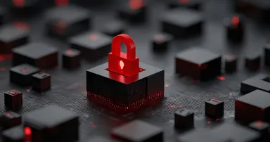 In a dark, textured digital space a red padlock glows atop a small black cube, symbolizing security, protection, and privacy in the world of data and technology..