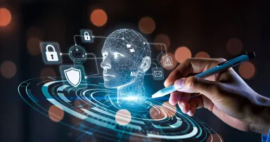 AI automation daily life concept with a hand interacting with a digital cyber security interface