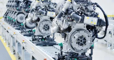 New manufactured engines on assembly line in a factory.