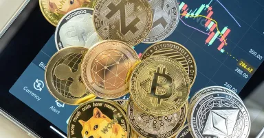 Cryptocurrency on Binance trading app, Bitcoin BTC with altcoin digital coin crypto currency, BNB, Ethereum, Dogecoin, Cardano, defi p2p decentralized fintech market