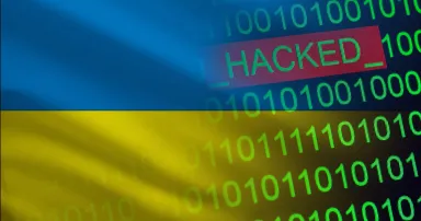 Ukraine hacked state security. Cyberattack on the financial and banking structure. Theft of secret information. On a background of a flag the binary code.
