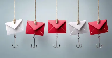Phishing email envelopes with hooks symbolizing cybercrime fraud online scams digital deception and social engineering security threats, Generative AI