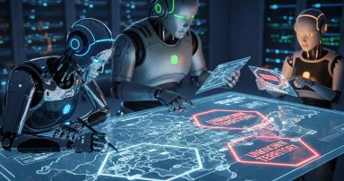 Humanoid robots looking over a network map, trying to fill in blank spaces.