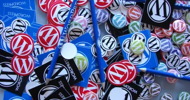 Stickers, buttons and pencils with the WordPress logo are seen in a pile.