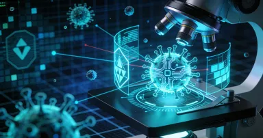 Futuristic Virus Cell Digital Microscope Malware Anatomy Cybersecurity Cyber Pathogen Detection Neutralization Antivirus Defense Technology Dark Blue