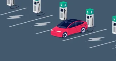 <p>Electric car charging on empty parking lot area with fast supercharger station and many free charger stalls. Vehicle on electricity network grid. Isolated flat vector illustration on grey background.</p>
