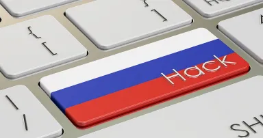 Russian hack attack concept, on the computer keyboard. 3D rendering