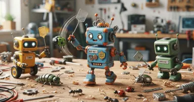 Cute robots with flyswatters try to stamp out bugs.