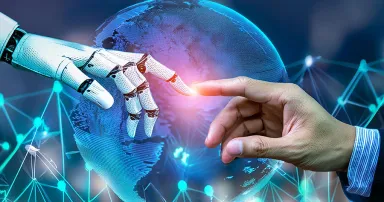 Fingers of robot and human touching, artificial intelligence and human working together concept, AI generated image