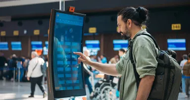 <p>A man checks in for a plane at the electronic check-in desk. A young tourist guy at the airport gets a ticket at the check-in screen</p>

