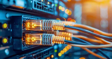 In a data center, numerous servers display illuminated network cables, emphasizing technology's critical role in data management and communication.