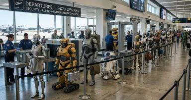 A queue of androids and robots waits patiently to go through an airport-style security checkpoint.