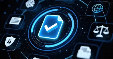 Digital compliance and data security concept with a holographic document surrounded by legal and regulatory icons, protected by hands in a dark background.