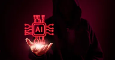AI hacker holding a glowing red chip symbolizing artificial intelligence in cybercrime, darkweb, and digital technology threat for cybersecurity and malware protection.