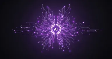 Abstract purple AI neural network background.