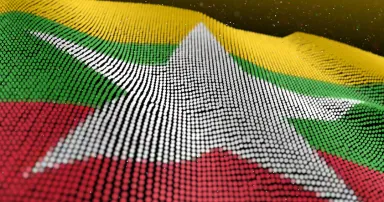 3D illustration Abstract Glowing Particle Wavy surface with Myanmar flag
