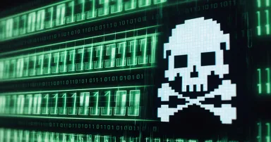 Cyber Threats Pictured: Neon Green Hacker's Skull & Crossbones on Binary Background