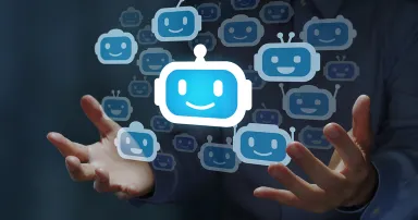 Composite AI and AI Orchestration. Multi-agent AI system. Businessperson holding multiple artificial intelligence robot icons.