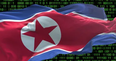 Korea North flag - 3D realistic waving flag on matrix digital ba