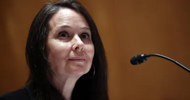 <p>Jen Easterly speaks during her June 10, 2021, Senate confirmation hearing to head Homeland Security&#8217;s Cybersecurity and Infrastructure Security Agency in Washington. (Kevin Dietsch/Getty Images)</p>
