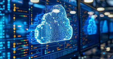 Advanced security operations center monitoring vast cloud networks, data flowing between secure servers , high resolution