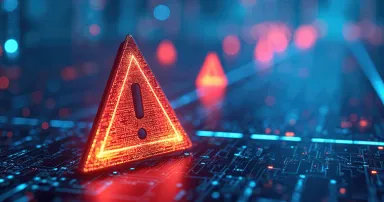 Digital warning sign on circuit board with glitch effect. Alert system error, data breach, cybersecurity threat, urgent issue notification. Red warning light indicates critical danger.