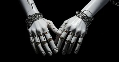 AI robot hands in cuffs, digital crime
