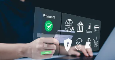 Secure Online Payment Transaction Process concept. A person confirming secure online payment using a credit card through a digital interface with a verification tick symbol. Internet banking, fintech,