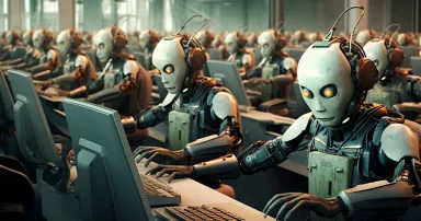 Robots control call center computers. Generative AI
