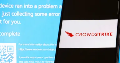 The CrowdStrike logo and a blue computer screen appeared during