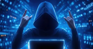 Individual in hoodie with laptop, digital background, devil horns