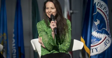 <p>Jen Easterly, director of the Cybersecurity and Infrastructure Security Agency, participates in a Women’s History Month discussion on March 22, 2022, in Washington. (Benjamin Applebaum/DHS)</p>