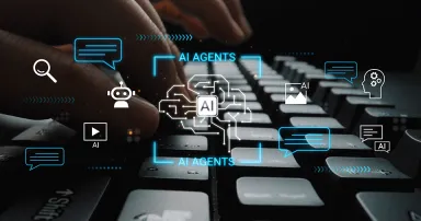 Close-up of Hands Typing on Keyboard with AI Graphics and Symbols Representing Technology, Innovation, and Digital Communication