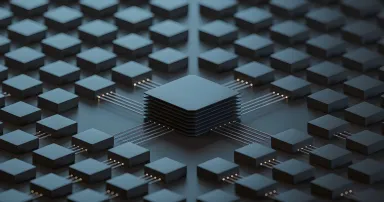 Central processing unit on grid of circuit blocks symbolizing data governance framework, policy control, compliance and secure data management.