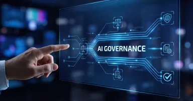 AI Governance: Hand Touching Digital Interface with Legal and Ethical Icons