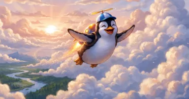 A happy penguin flies among the clouds.