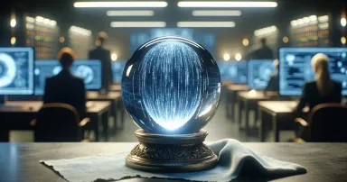 Crystal ball on a desk, AI driven visions of sophisticated algorithm. Blurred tech office in the background, intense cyber security operations