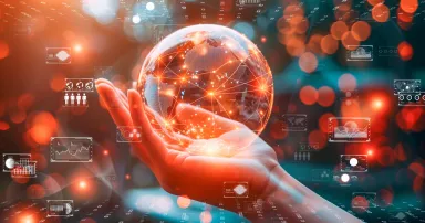Conceptual visualization of artificial intelligence with interactive charts and holograms in a high-tech environment. Innovative technology concept.